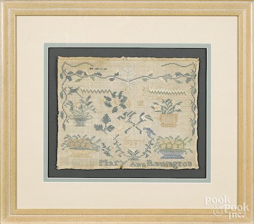 Silk on linen sampler, dated 1824, wrought by Mary Ann Remington, 8 1/2'' x 10 1/2''.