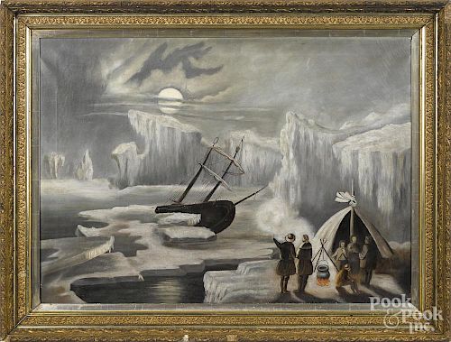 American oil on canvas primitive of an arctic shipwreck, late 19th c.