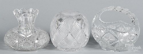 Two brilliant cut glass vases, 6 1/2'' h. and 6 1/4'' h., together with a basket, 7 1/2'' h.