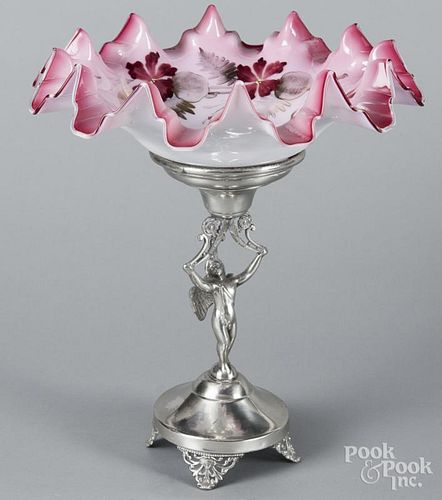 Silver-plate and ruffled glass centerpiece, 14'' h., 12'' w.