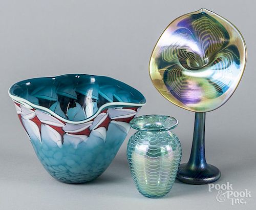 Art glass bowl, signed Fink, 5 1/4'' h., together with a jack in the pulpit vase, initialed JPG