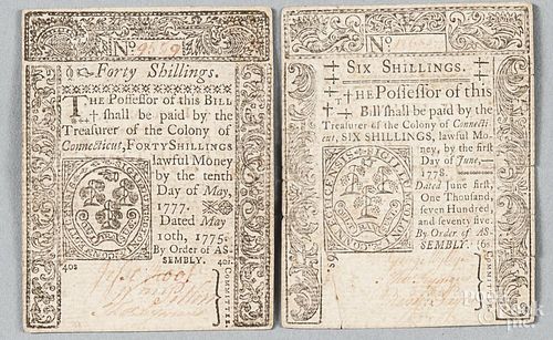 Two pieces of Connecticut colonial currency, printed by T. Green, one for six shillings, dated 1778