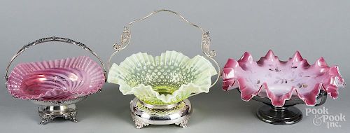 Three silver-plated baskets with ruffled glass inserts, largest - 12'' dia.