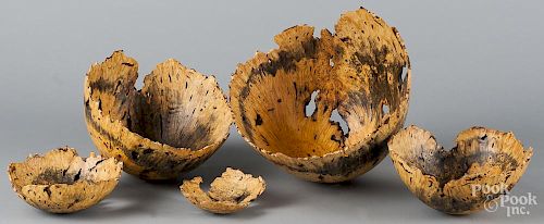 Nest of five burl bowls, signed Mike Mahoney Buckeye, largest - 9'' h., 12 3/4'' w.