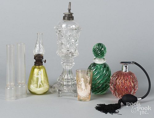 Glassware, to include a sandwich oil lamp, a Murano atomizer, etc., tallest - 12''.