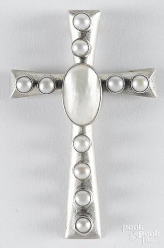 R. Chee, Native American Indian sterling silver and abalone cross pendant, 3 1/4'' h.