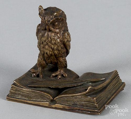 Cast bronze owl on book inkwell, ca. 1900, 3'' h.