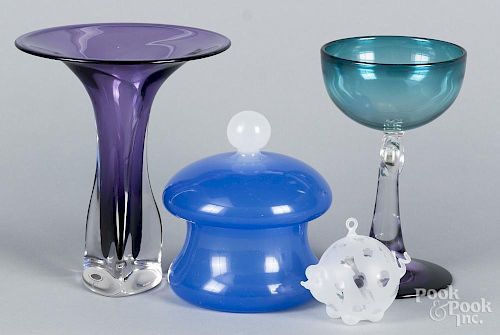 Four pieces of art glass, to include a goblet, signed Alex Brand, tallest - 7 3/8''.