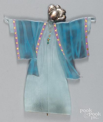 Modern colored glass and silver sculpture of a robed figure, 17 3/4'' h.