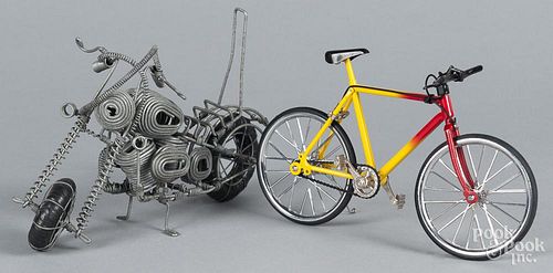 Miniature wire motorcycle, 5 1/2'' h., together with a miniature mountain bike, 4 1/2'' h.