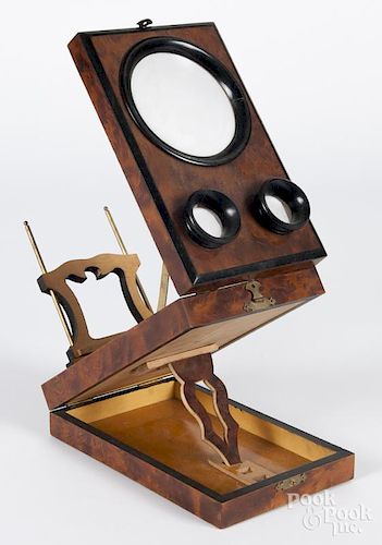 French burl and ebonized Graphoscope stereo viewer, late 19th c., 14'' h., 9'' d.