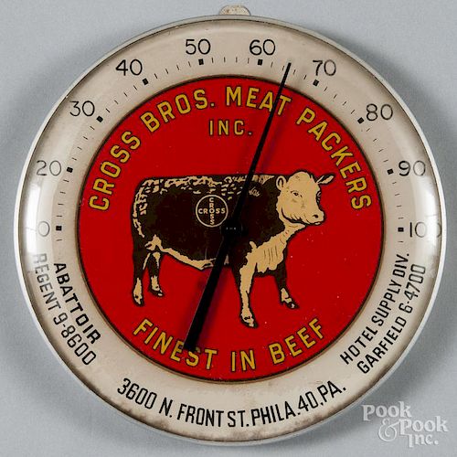 Cross Bros. Meat Packers thermometer, 20th c., 10'' dia.