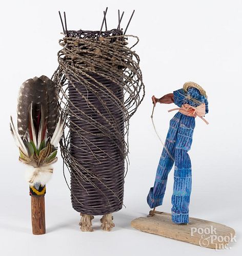Modern woven basket, 24'' h., together with a cloth and wood figure, 15'' h., and a feather hand fan
