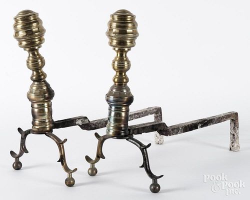 Pair of Federal brass andirons, ca. 1825, 16'' h., together with tongs and a shovel.