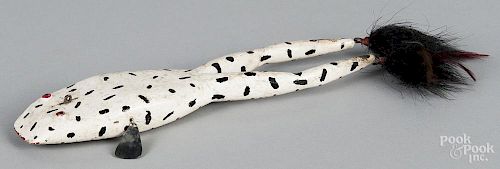 Carved and painted frog ice fishing lure decoy, mid 20th c., 12 1/4'' l.