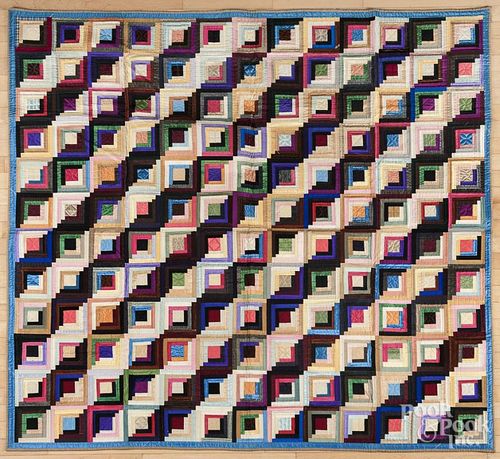 Silk log cabin quilt, late 19th c., 74'' x 68''.