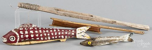 Two carved and painted fish decoys, mid 20th c., with line winders, 11 1/2'' l. and 7 1/4'' l.