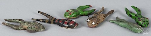 Six carved and painted frog fish decoys, early/mid 20th c., largest - 4''.