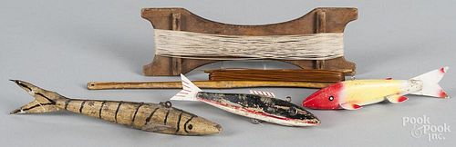 Three carved and painted fish decoys, early/mid 20th c., together with two line winders