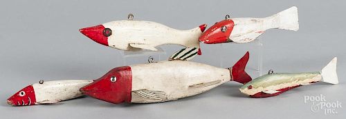 Five carved and painted fish decoys, early/mid 20th c., longest - 9''.