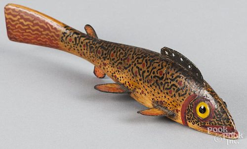 Oscar Peterson style fish decoy, 20th c., 8'' l.