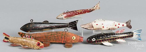 Six carved and painted fish decoys, mid 20th c., longest - 7 1/2''.
