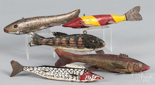 Five carved and painted fish decoys, early/mid 20th c., longest - 7 3/4''.