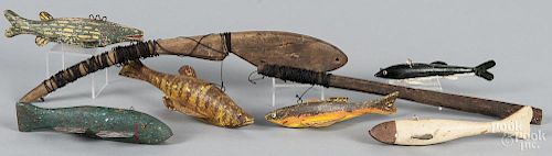 Six carved and painted fish decoys, mid 20th c., two wind line winders, longest - 7 1/2''.