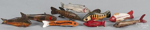 Nine carved and painted fish decoys, early/mid 20th c., to include one attributed to George Randall