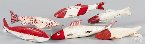 Six carved and painted fish decoys, mid 20th c., longest - 8 1/4''.