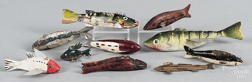 Ten carved and painted fish decoys, early/mid 20th c., one by K. Sletten