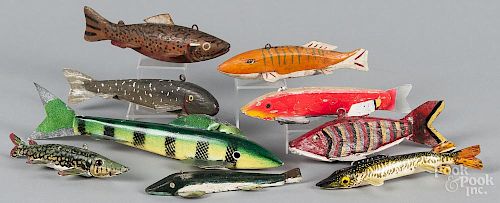 Nine carved and painted fish decoys, mid 20th c., one contemporary, one attributed to George Randall