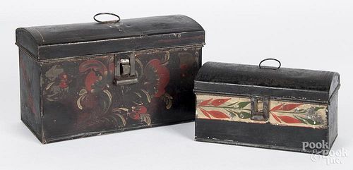 Two toleware dome lid boxes, 19th c., 5 1/4'' h., 8 3/4'' w. and 3 3/4'' h., 6 3/4'' w.