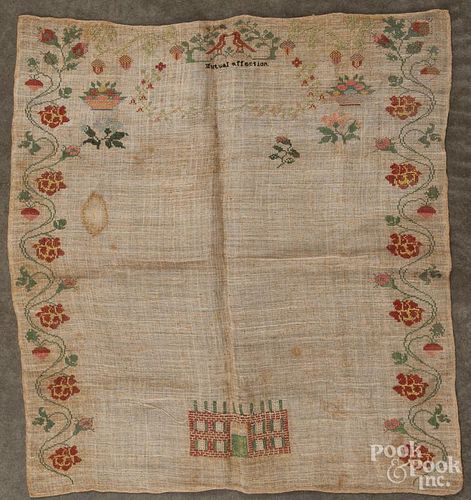 New Jersey silk on linen sampler, early 19th c., 23 1/2'' x 21 1/2''.