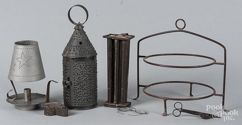 Metalware, to include a fat lamp, a tin lantern, a candlemold, etc.