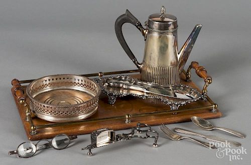 Silver-plate items, together with a mahogany tray.