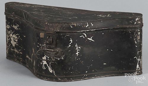 Tin bi-corner hat box, 19th c., 7'' h., 17 1/2'' w.