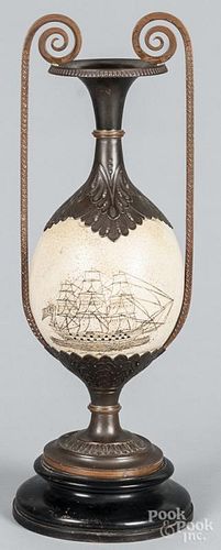 Copper and ostrich egg table lamp with scrimshaw decoration of a British ship, 16 1/2'' h.