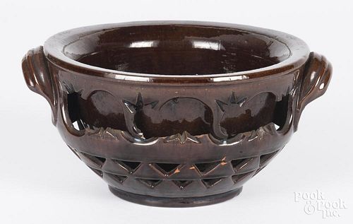 American redware bowl, 19th c., with pierced decoration, 4 1/4'' h., 9'' dia.
