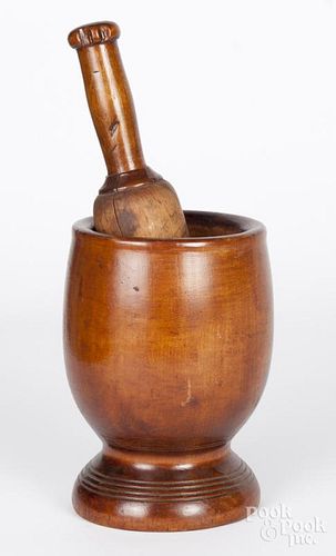 Turned cherry mortar and pestle, 19th c., 13 1/2'' h.