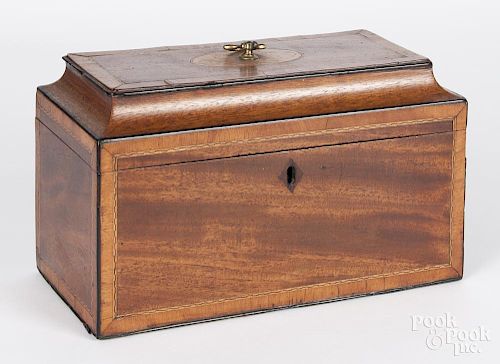 George III mahogany tea caddy, late 18th c., with a floral inlaid lid