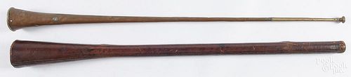 Copper hunting horn, 19th c., with original leather case, 42'' l.