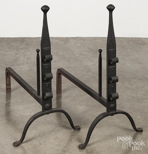Pair of wrought iron andirons, early 20th c., 26 1/2'' h.