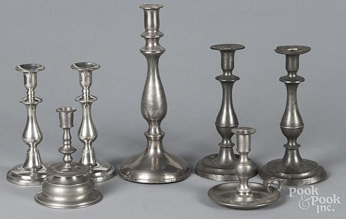 Seven pewter candlesticks, 19th/20th c., tallest - 13''.