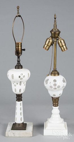 Pair of Sandwich glass opaque cut to clear table lamps, 19th c.