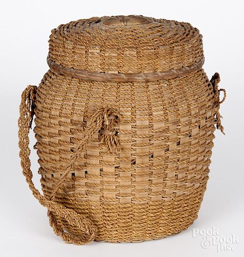 Native American Indian Penobscot covered yarn basket, ca. 1900, 9'' h.