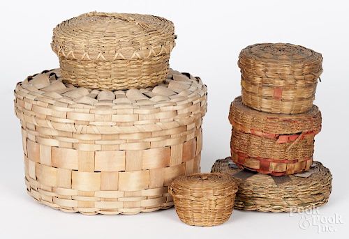Six Native American Indian lidded baskets, early 20th c., tallest - 6''.