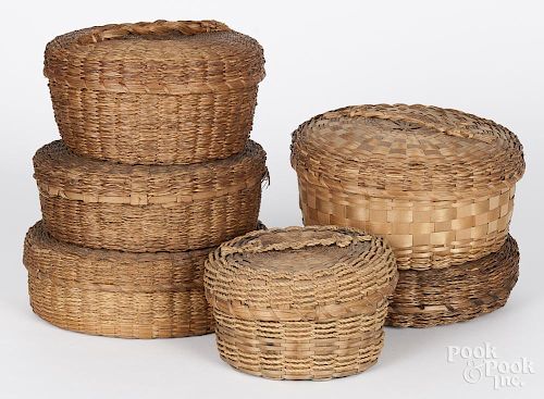 Six Native American Indian lidded baskets, early 20th c., tallest - 4 1/2''.
