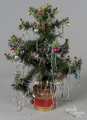 German feather Christmas tree, ca. 1900, with period glass ornaments, 18'' h.