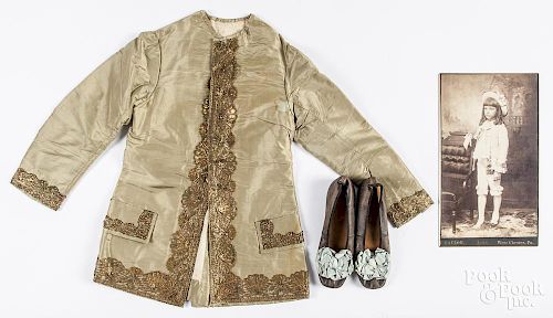 Child's silk embroidered outfit, ca. 1900, with original large cabinet card photo of a young boy